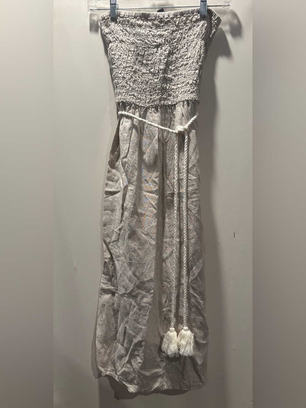 J Crew Dress Size Small Midi Linen Smocked Strapless Cream Long  100% Linen